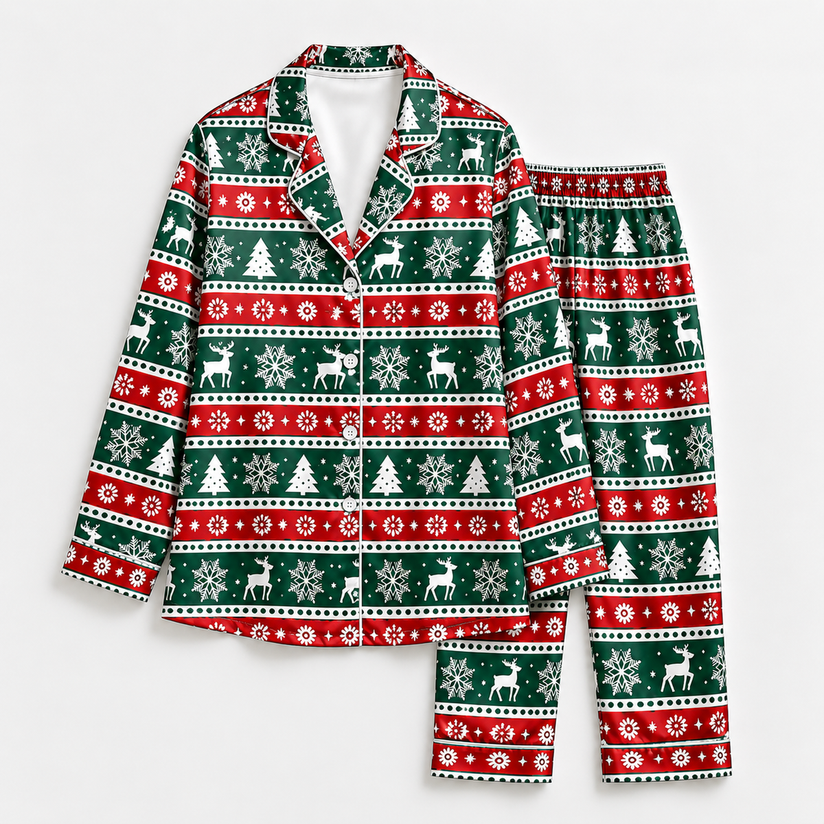 PJ-M1911-Christmas Reindeer Snowflake Satin Pajama Set, Green Red Nordic Holiday Sleepwear