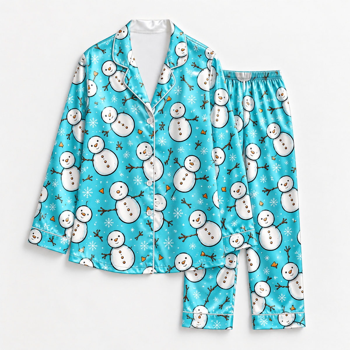 PJ-M1912-Cute Snowman Satin Pajama Set, Aqua Blue Snowflake Christmas Winter Sleepwear