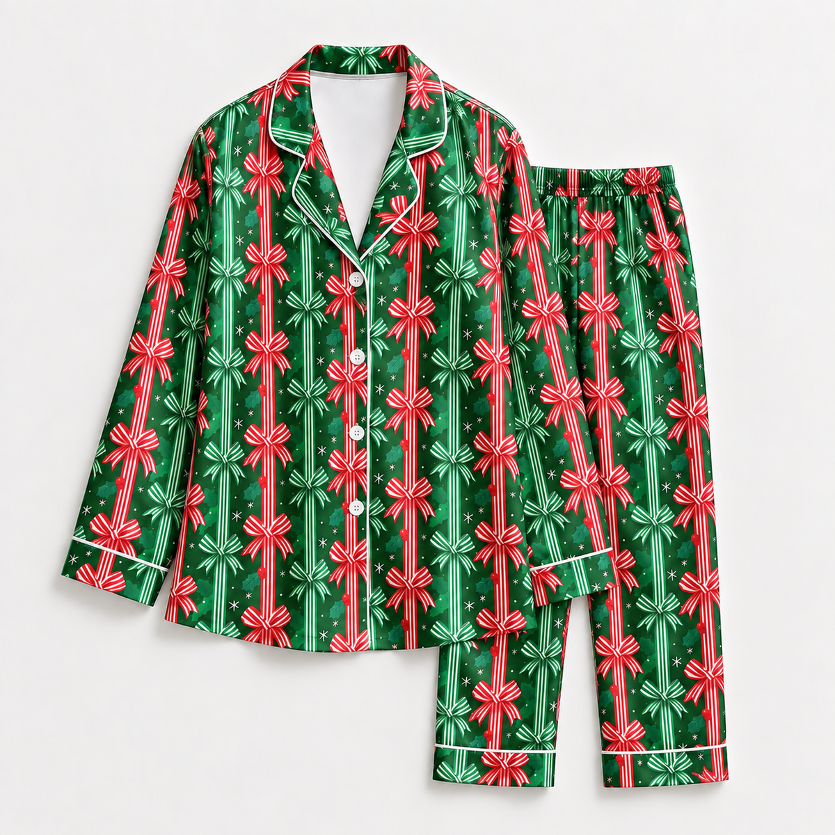 PJ-M1913-Christmas Bow Satin Pajama Set, Green Red Ribbon Coquette Holiday Sleepwear