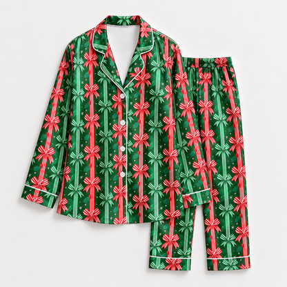 PJ-M1913-Christmas Bow Satin Pajama Set, Green Red Ribbon Coquette Holiday Sleepwear