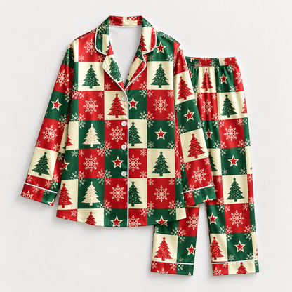 PJ-M1915-Christmas Tree Patchwork Satin Pajama Set, Red Green Snowflake Festive Holiday Sleepwear