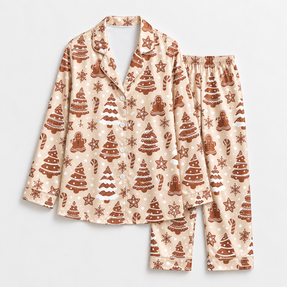 PJ-M1916-Gingerbread Christmas Tree Satin Pajama Set, Cookie Snowflake Festive Holiday Sleepwear