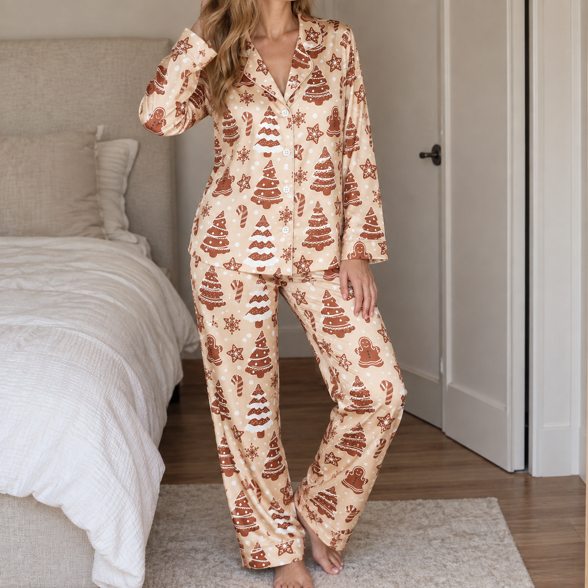 PJ-M1916-Gingerbread Christmas Tree Satin Pajama Set, Cookie Snowflake Festive Holiday Sleepwear