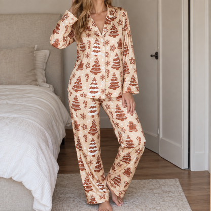 PJ-M1916-Gingerbread Christmas Tree Satin Pajama Set, Cookie Snowflake Festive Holiday Sleepwear