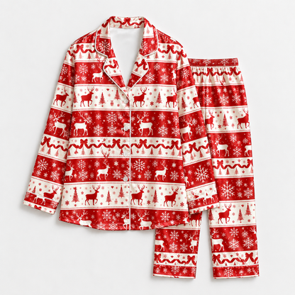 PJ-M1917-Red Reindeer Snowflake Satin Pajama Set, Nordic Christmas Winter Festive Sleepwear
