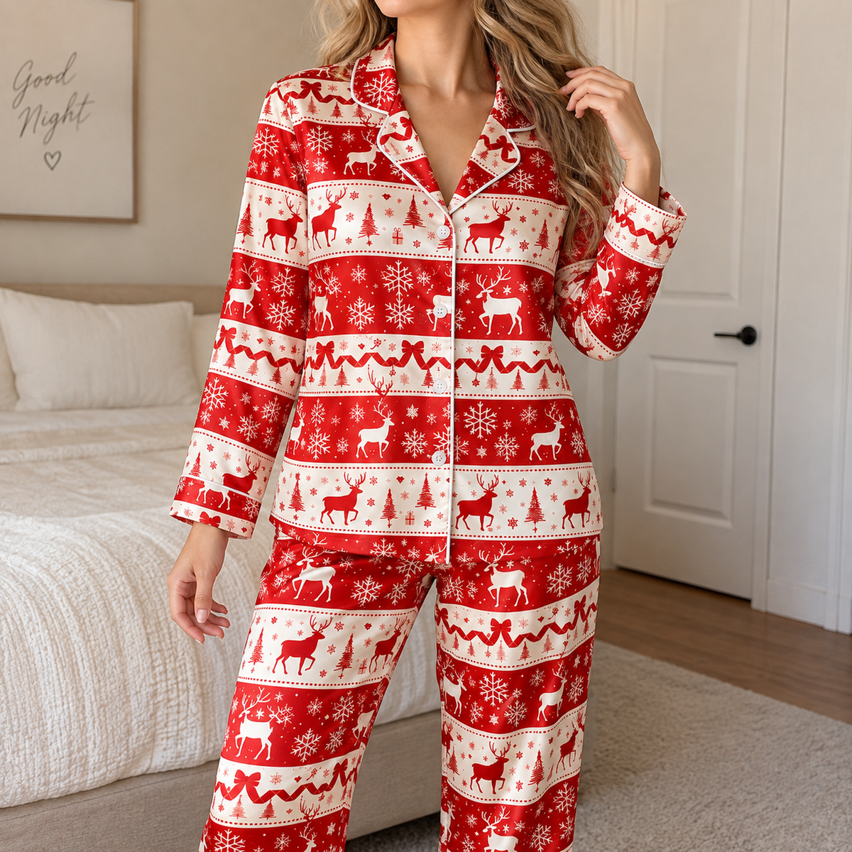 PJ-M1917-Red Reindeer Snowflake Satin Pajama Set, Nordic Christmas Winter Festive Sleepwear