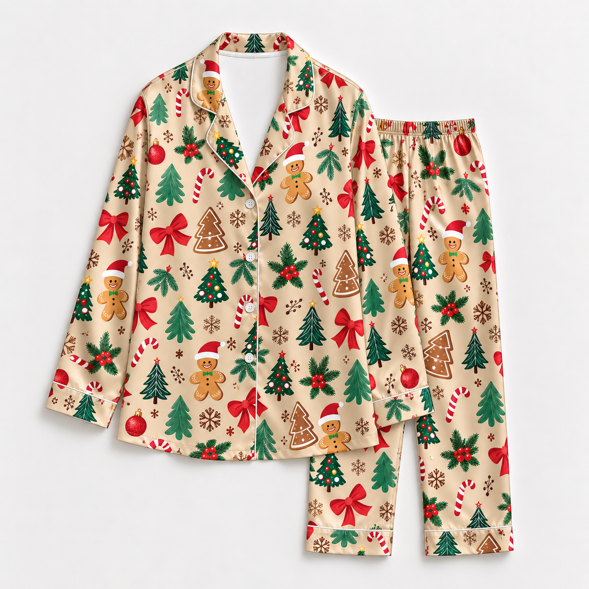 PJ-M1918-Gingerbread Christmas Tree Satin Pajama Set, Candy Cane Bow Festive Holiday Sleepwear