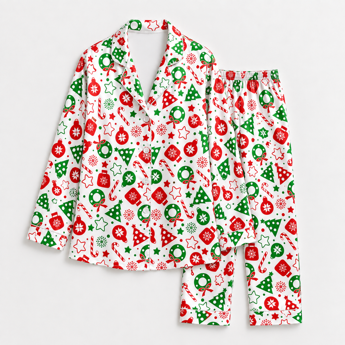 PJ-M1919-Christmas Tree Ornament Satin Pajama Set, Candy Cane Festive Holiday Cozy Sleepwear