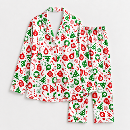 PJ-M1919-Christmas Tree Ornament Satin Pajama Set, Candy Cane Festive Holiday Cozy Sleepwear