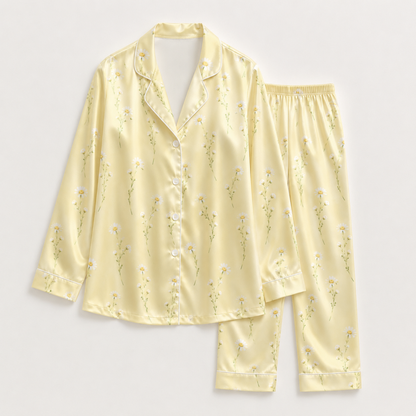 PJ-M192-Yellow Satin Daisy Pajama Apparel, Floral Botanical Pattern Loungewear Sleepwear Collection Top Bottom Clothing