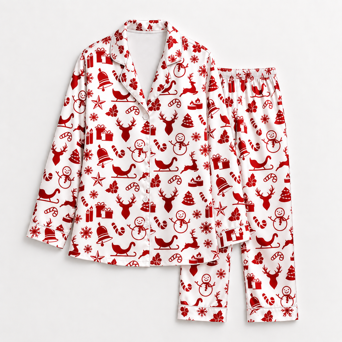PJ-M1920-Red Christmas Reindeer Satin Pajama Set, Snowman Sleigh Candy Cane Holiday Sleepwear