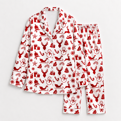 PJ-M1920-Red Christmas Reindeer Satin Pajama Set, Snowman Sleigh Candy Cane Holiday Sleepwear