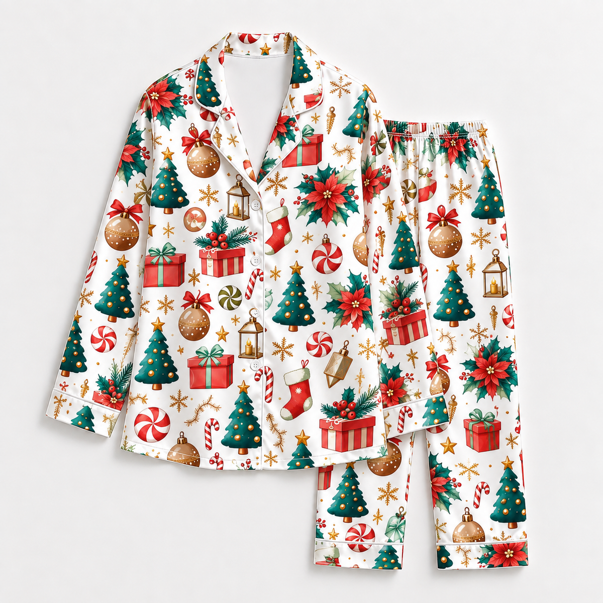 PJ-M1921-Christmas Tree Poinsettia Satin Pajama Set, Festive Ornament Gift Holiday Sleepwear