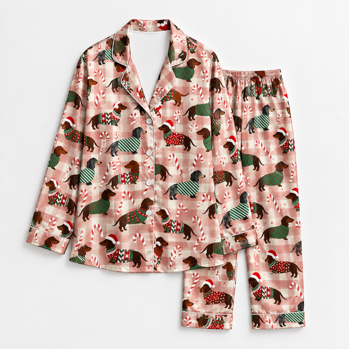 PJ-M1922-Christmas Stocking Candy Cane Satin Pajama Set, Festive Snowflake Holiday Cozy Sleepwear