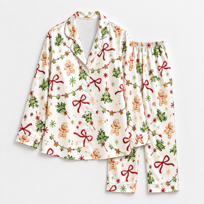 PJ-M1924-Gingerbread Bow Christmas Satin Pajama Set, Mistletoe Garland Festive Holiday Sleepwear