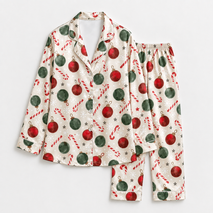 PJ-M1926-Christmas Ornament Candy Cane Satin Pajama Set, Red Green Festive Holiday Sleepwear