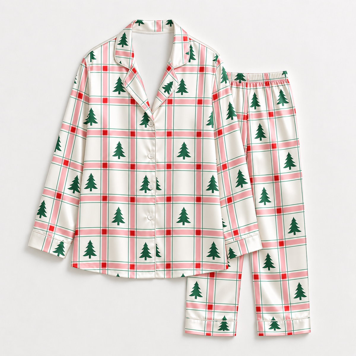 PJ-M1927-Christmas Tree Plaid Satin Pajama Set, Red Green Tartan Festive Holiday Sleepwear