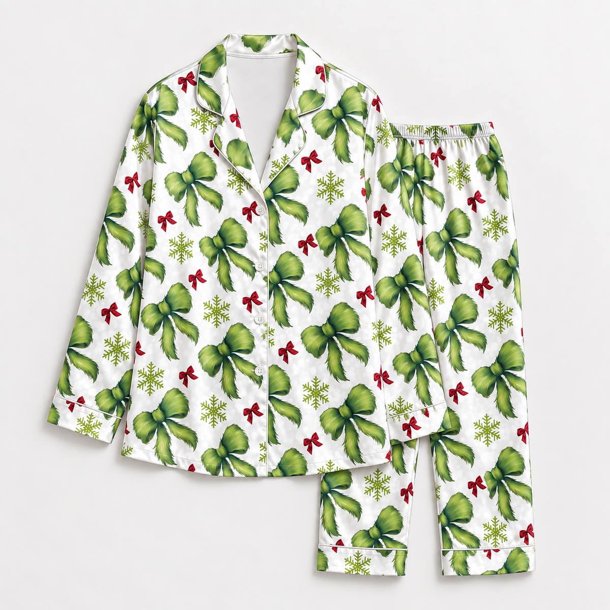 PJ-M1928-Green Bow Snowflake Satin Pajama Set, Coquette Christmas Festive Holiday Sleepwear