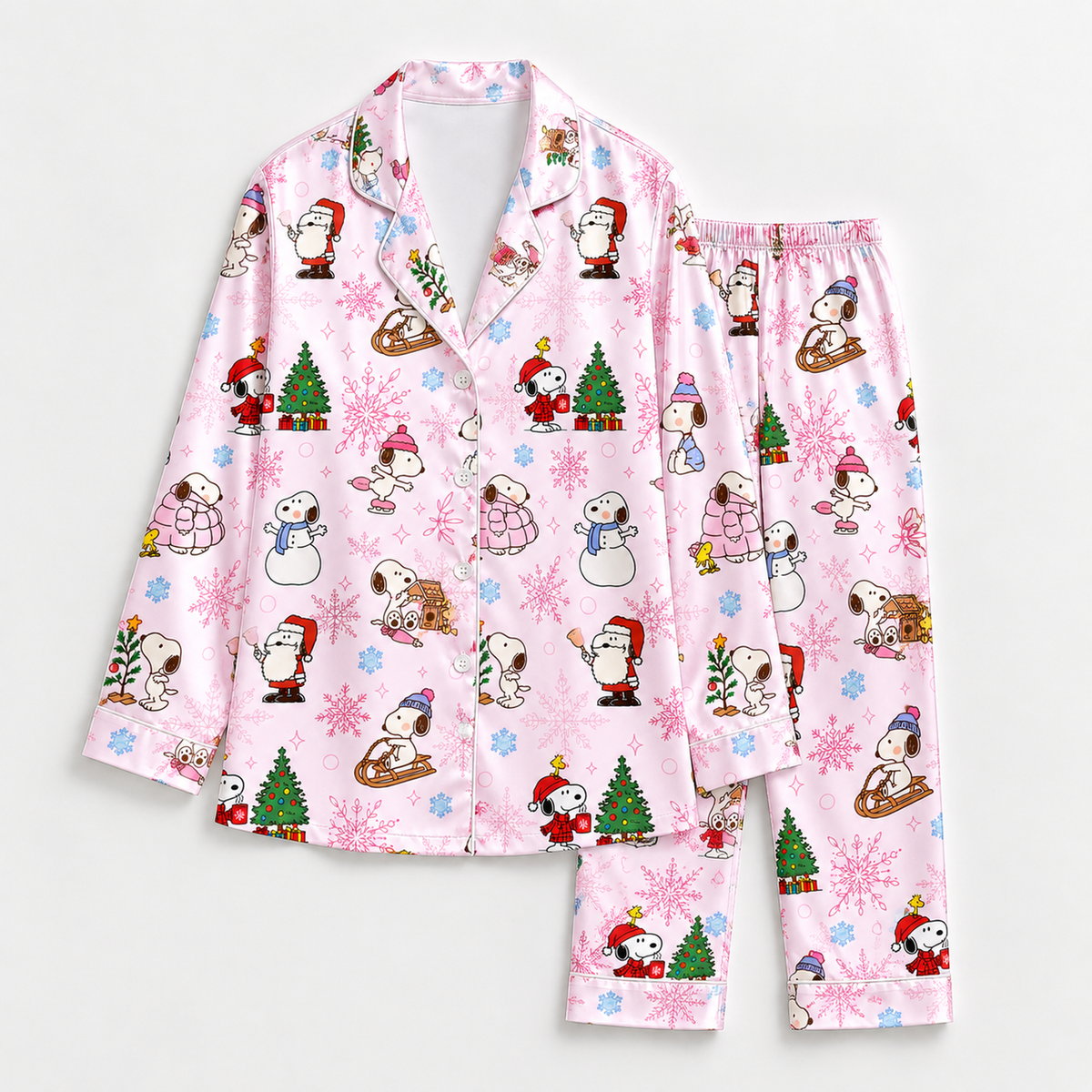 PJ-M1929-Snoopy Christmas Satin Pajama Set, Peanuts Woodstock Pink Holiday Sleepwear