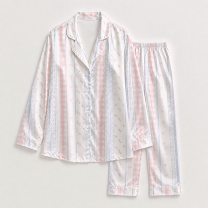 PJ-M193-Pink Gingham Bow Striped Satin Pajama Set Lace Detail Sleepwear Button Up Loungewear