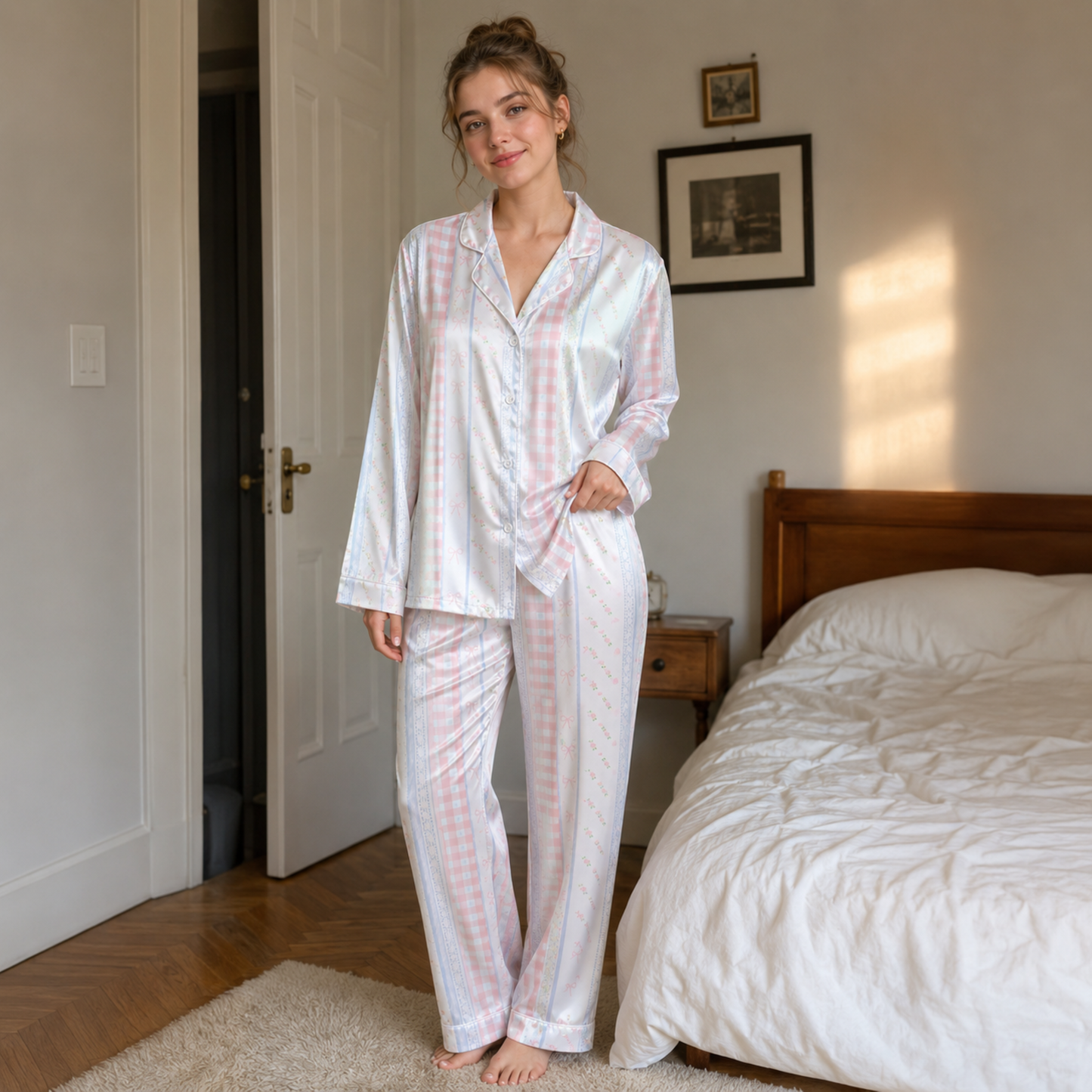 PJ-M193-Pink Gingham Bow Striped Satin Pajama Set Lace Detail Sleepwear Button Up Loungewear