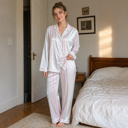 PJ-M193-Pink Gingham Bow Striped Satin Pajama Set Lace Detail Sleepwear Button Up Loungewear