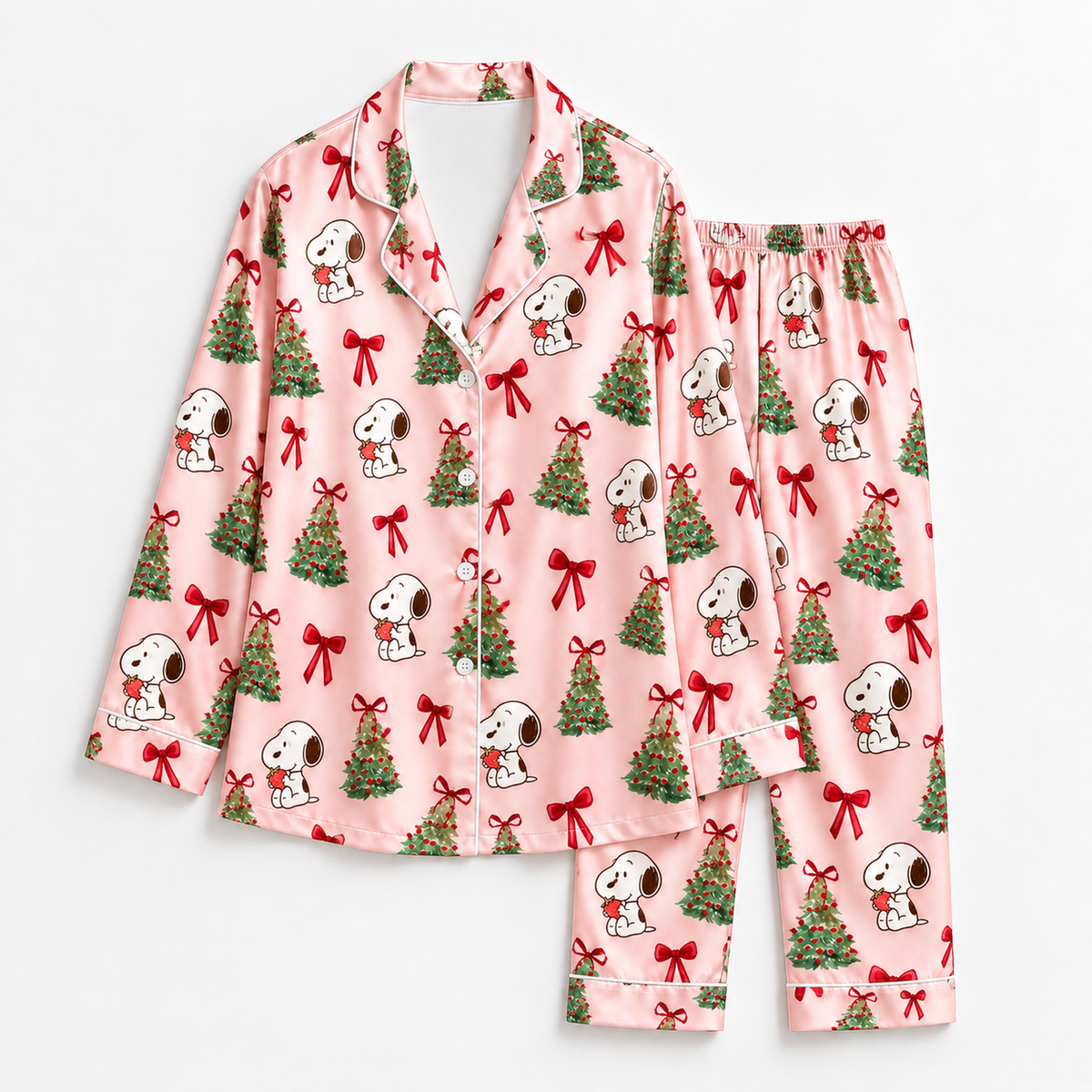 PJ-M1930-Snoopy Christmas Tree Pink Satin Pajama Set, Peanuts Holiday Bow Sleepwear