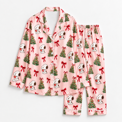 PJ-M1930-Snoopy Christmas Tree Pink Satin Pajama Set, Peanuts Holiday Bow Sleepwear