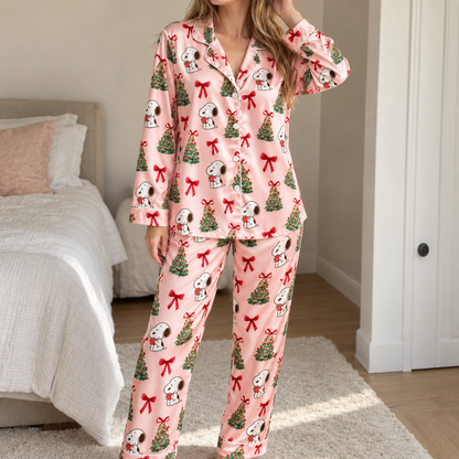 PJ-M1930-Snoopy Christmas Tree Pink Satin Pajama Set, Peanuts Holiday Bow Sleepwear