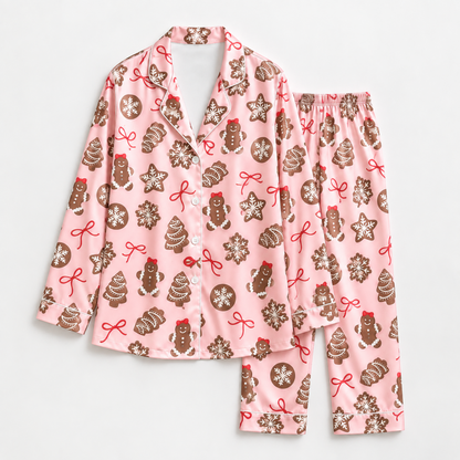 PJ-M1931-Pink Gingerbread Bow Satin Pajama Set, Christmas Cookie Snowflake Holiday Sleepwear