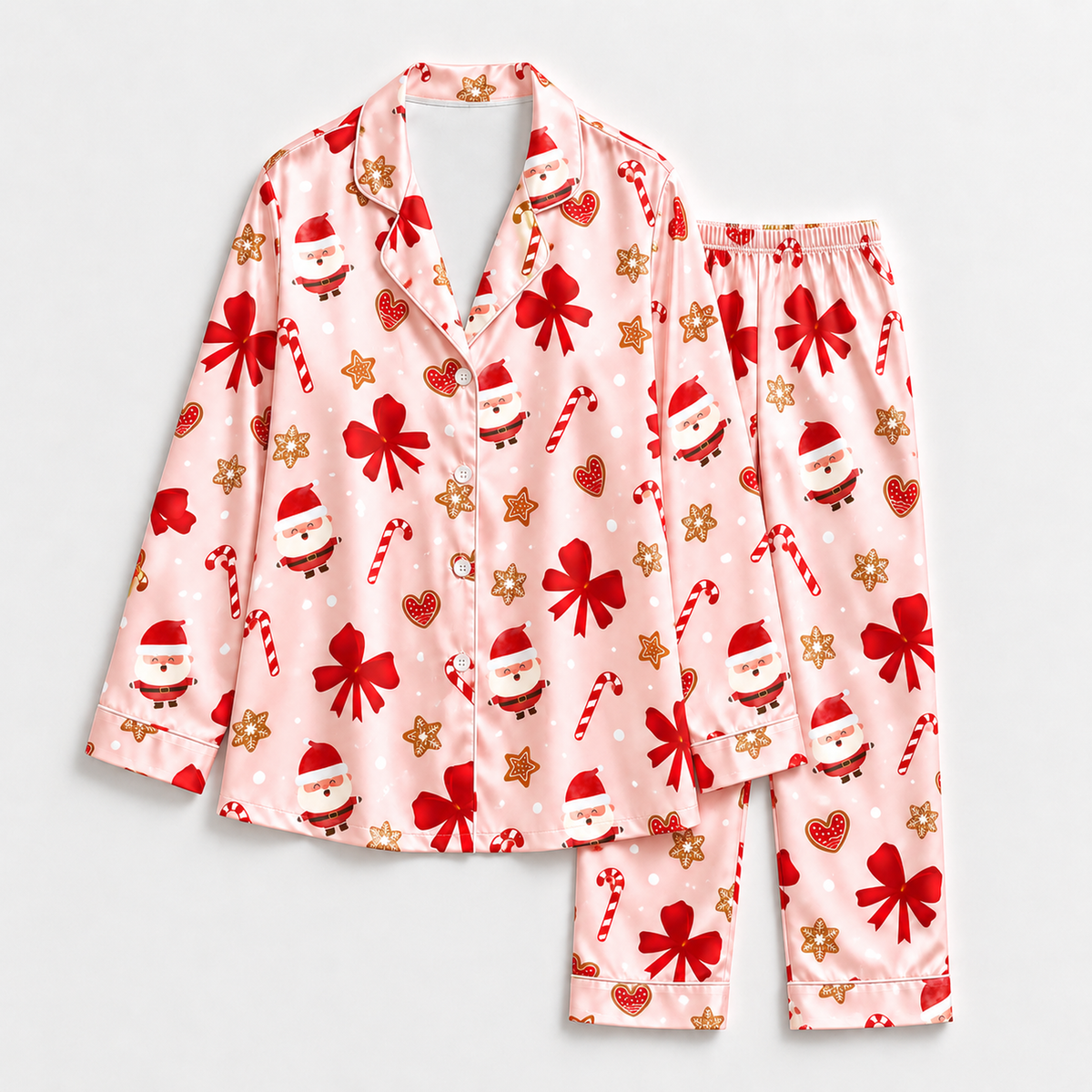 PJ-M1932-Pink Santa Bow Satin Pajama Set, Gingerbread Candy Cane Christmas Holiday Sleepwear