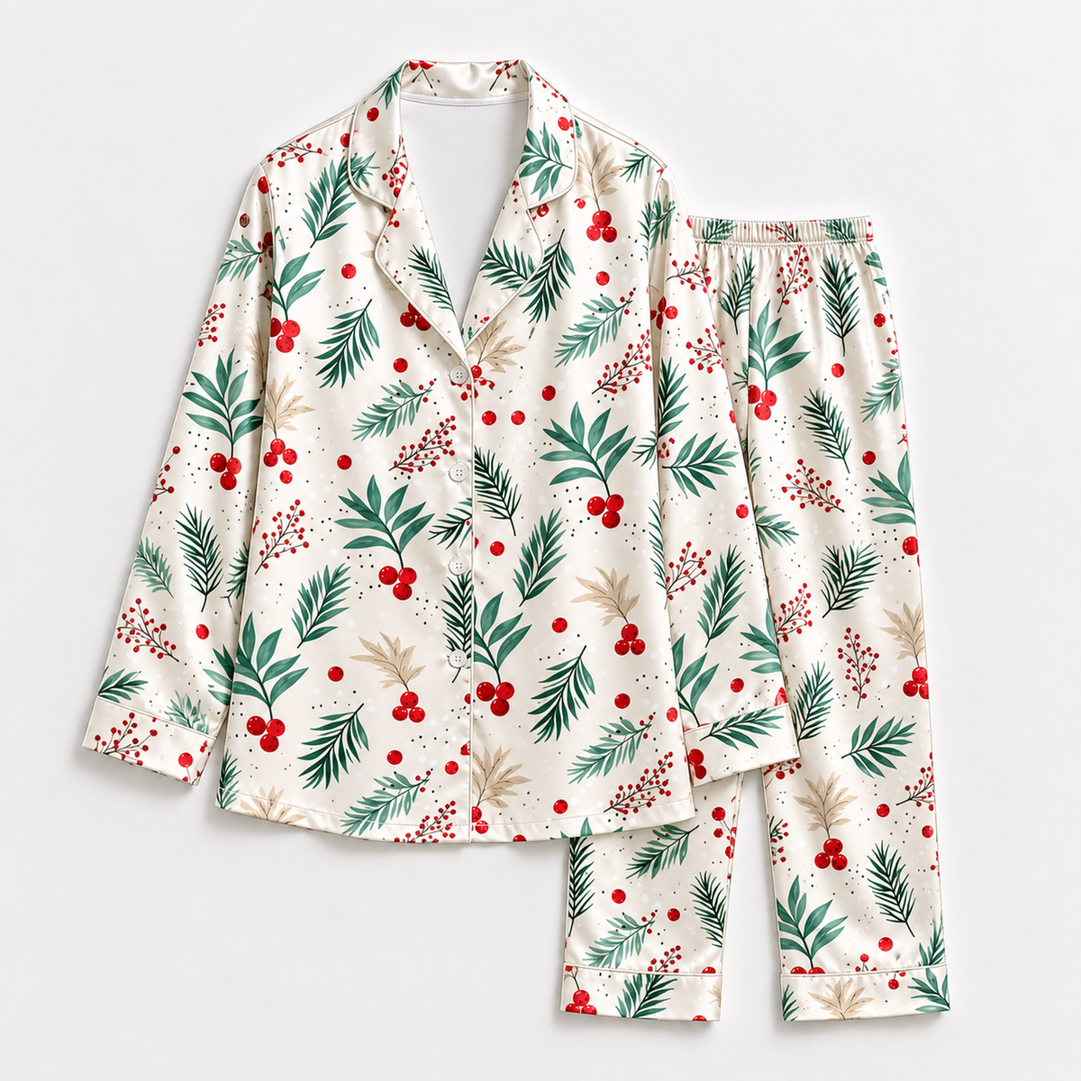 PJ-M1933-Christmas Holly Berry Satin Pajama Set, Evergreen Botanical Festive Holiday Sleepwear