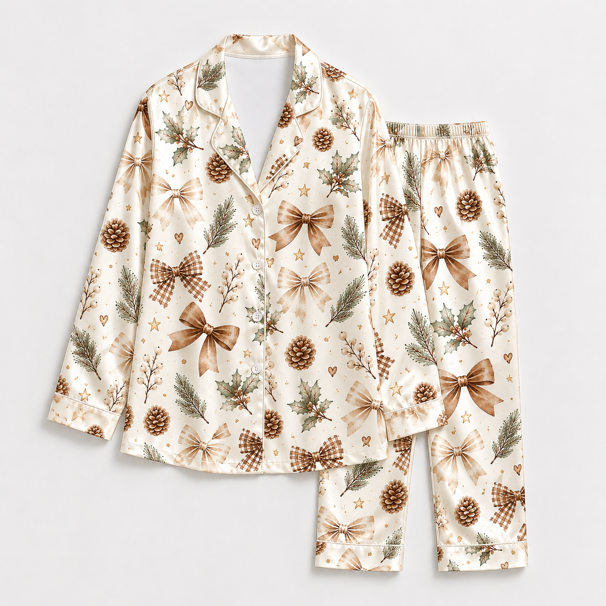 PJ-M1934-Pinecone Bow Satin Pajama Set, Rustic Christmas Evergreen Botanical Holiday Sleepwear