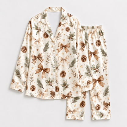 PJ-M1934-Pinecone Bow Satin Pajama Set, Rustic Christmas Evergreen Botanical Holiday Sleepwear