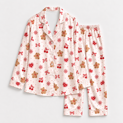 PJ-M1935-Gingerbread Heart Satin Pajama Set, Red Bow Snowflake Sweet Christmas Sleepwear