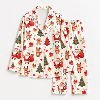 PJ-M1937-Santa Reindeer Christmas Satin Pajama Set, Gingerbread Tree Festive Holiday Sleepwear