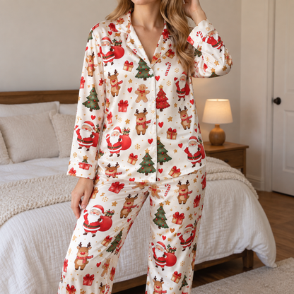 PJ-M1937-Santa Reindeer Christmas Satin Pajama Set, Gingerbread Tree Festive Holiday Sleepwear