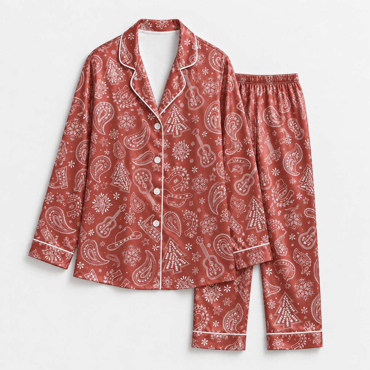 PJ-M1938-Red Paisley Christmas Satin Pajama Set, Festive Tree Snowflake Holiday Sleepwear