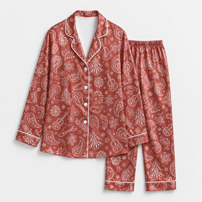 PJ-M1938-Red Paisley Christmas Satin Pajama Set, Festive Tree Snowflake Holiday Sleepwear