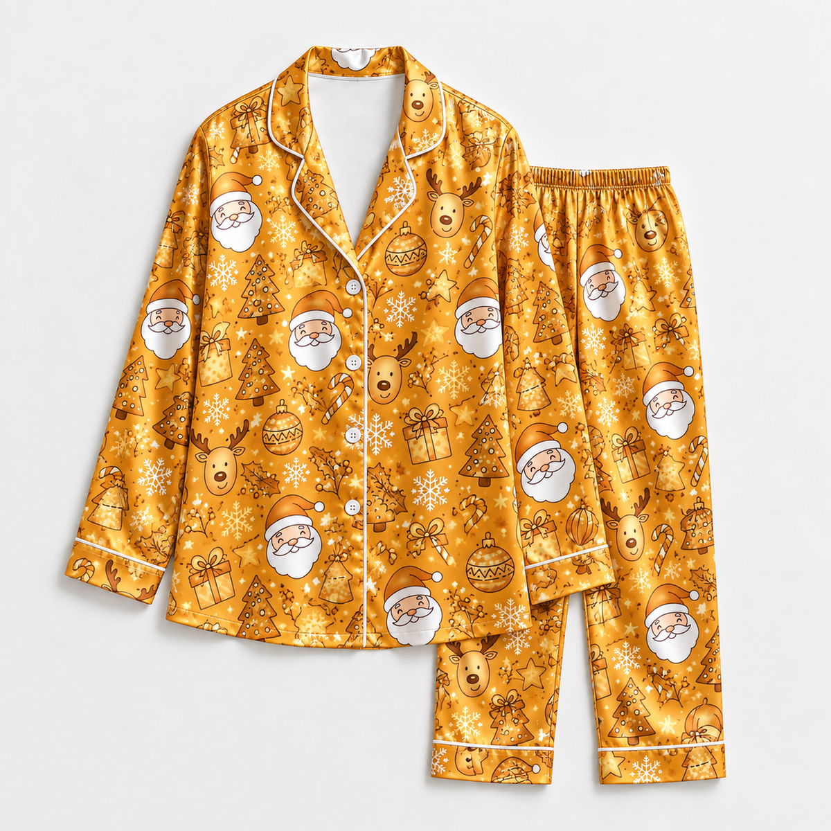 PJ-M1939-Golden Santa Reindeer Satin Pajama Set, Christmas Tree Ornament Festive Holiday Sleepwear
