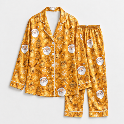 PJ-M1939-Golden Santa Reindeer Satin Pajama Set, Christmas Tree Ornament Festive Holiday Sleepwear