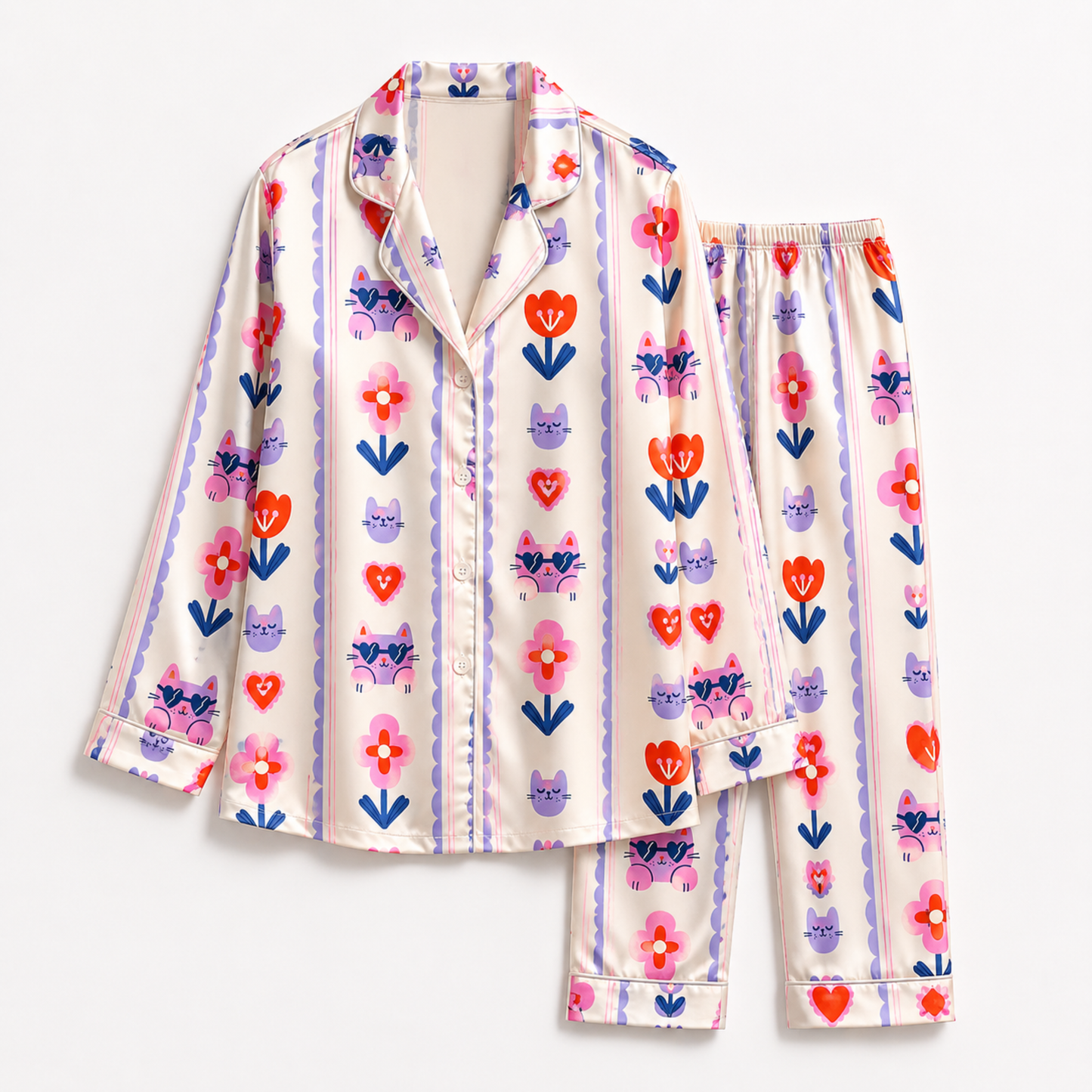 PJ-M194-Satin Cat Pajama Apparel, Floral Heart Pattern Loungewear Sleepwear Collection Top Bottom Clothing