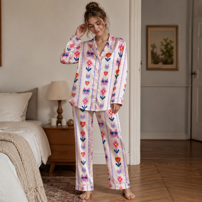 PJ-M194-Satin Cat Pajama Apparel, Floral Heart Pattern Loungewear Sleepwear Collection Top Bottom Clothing