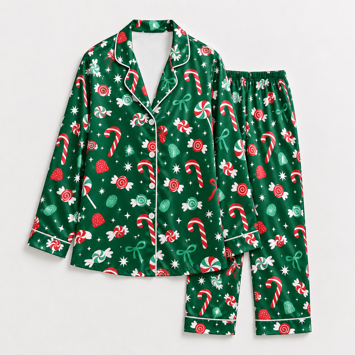PJ-M1940-Christmas Candy Cane Satin Pajama Set, Green Peppermint Sweet Festive Holiday Sleepwear