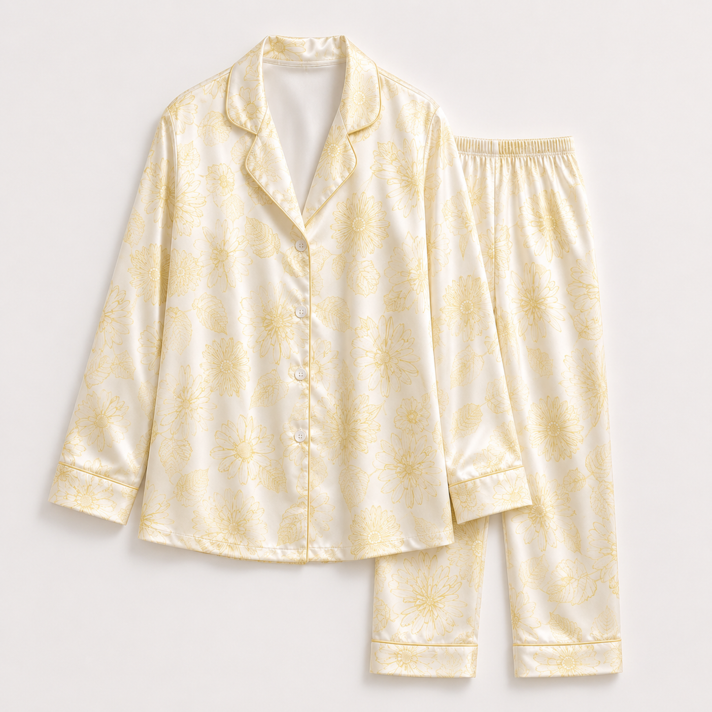PJ-M195-Cream Silk Aesthetic Pajama Apparel, Daisy Garden Graphic Loungewear Sleepwear Collection Top Bottom Matching Raiment