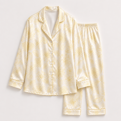 PJ-M195-Cream Silk Aesthetic Pajama Apparel, Daisy Garden Graphic Loungewear Sleepwear Collection Top Bottom Matching Raiment
