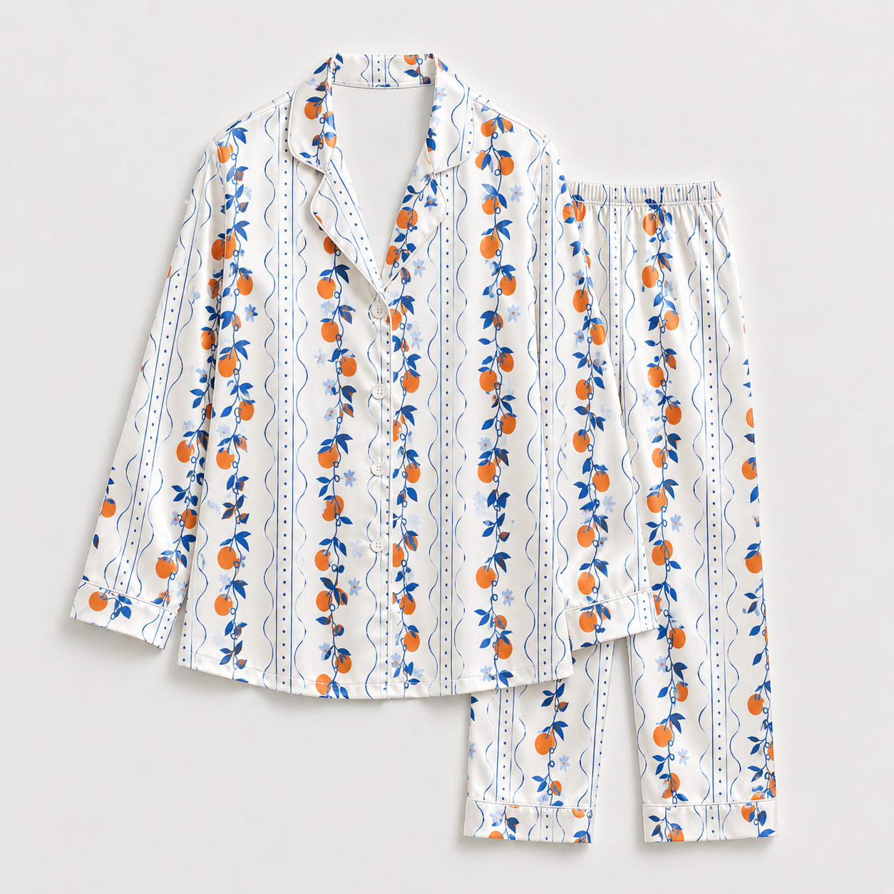 PJ-M196-White Satin Orange Pajama Apparel, Botanical Vine Pattern Loungewear Sleepwear Collection Top Bottom Clothing