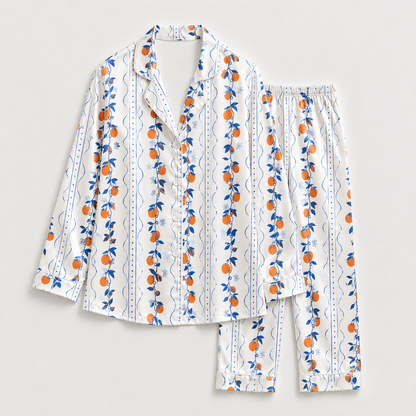 PJ-M196-White Satin Orange Pajama Apparel, Botanical Vine Pattern Loungewear Sleepwear Collection Top Bottom Clothing