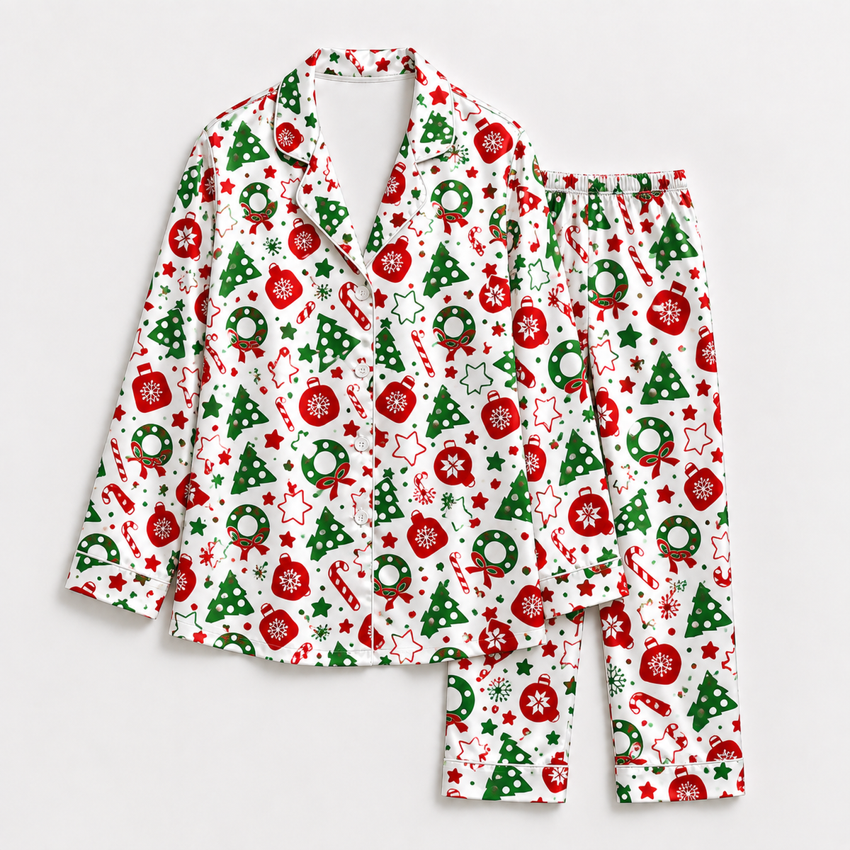 PJ-M1962-Festive Christmas Satin Pajama Set, Christmas Tree Candy Cane Ornament Holiday Sleepwear