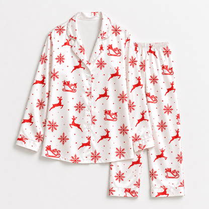 PJ-M1963-Red Reindeer Christmas Satin Pajama Set, Snowflake Sleigh Holiday Winter Sleepwear